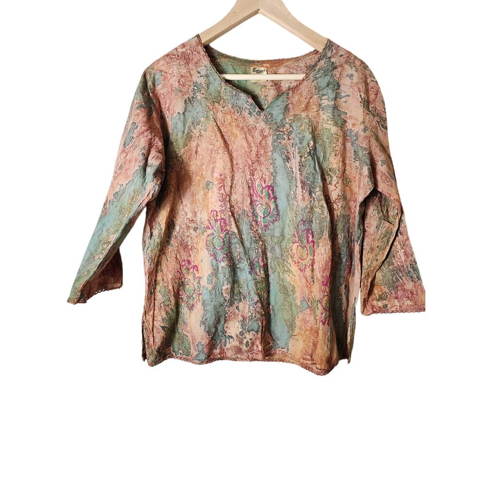 BELMA Green Orange Embroidered Lightweight Boho Indie Hippie Boxy Top - One Size